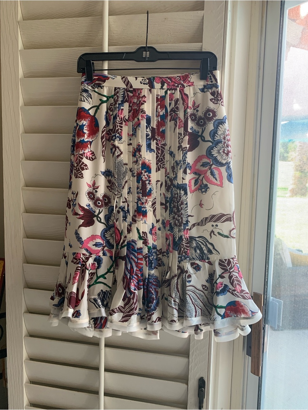 Tory Burch Cream Pencil Skirt with Pink and Blue Floral Trim silk